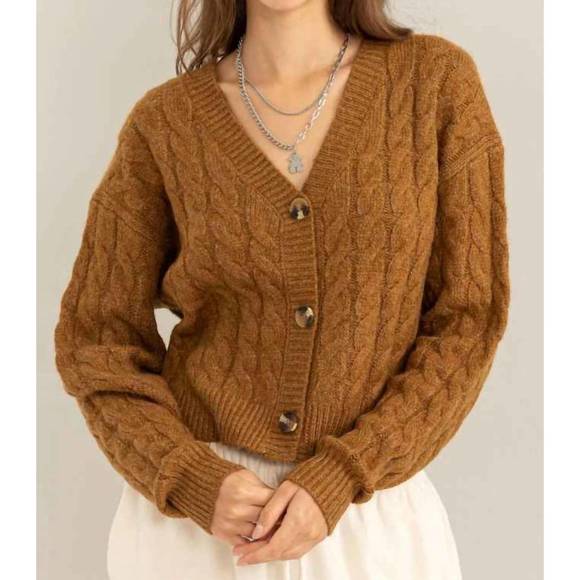 HYFVE Cable Knit V-Neck Dropped Shoulder Oversized Sweater